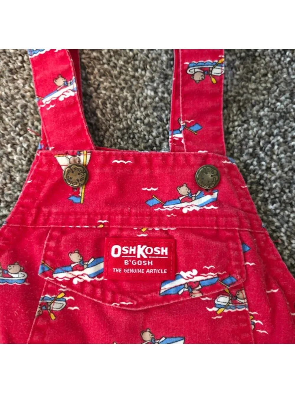 Vintage 90s OshKosh BGosh 24M Red Bear Boat Print Shortalls Overalls Made In USA